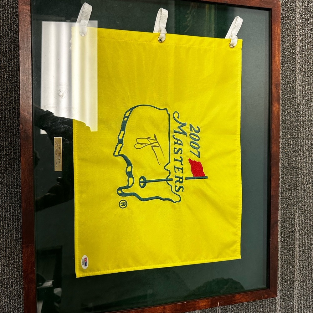 My framed Zach Johnson signed 2007 Masters Flag.